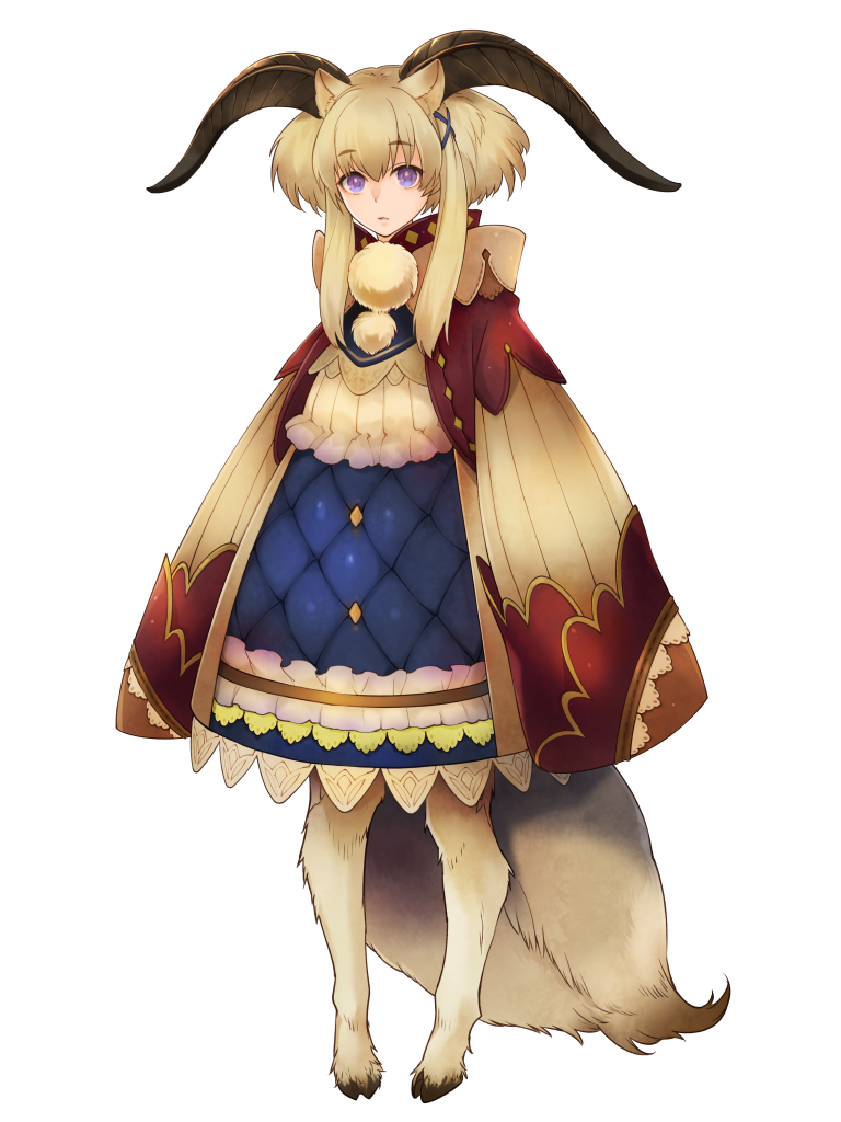 dairoku ryouhei, 1girl, animal ears, black horns, blonde hair, dress, full body, hair ornament, hooves, horns, kiile (tw), looking at viewer, sidelocks, solo, standing, tail, transparent background, vivi jeev, wide sleeves, x hair ornament
