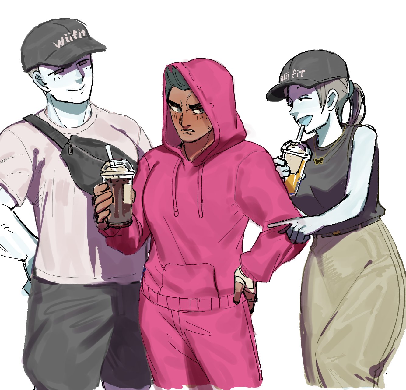 dancho no mori, little mac, wii fit trainer (female), wii fit trainer (male), nintendo, punch-out!!, super smash bros., wii fit, wii fit trainer, commentary, highres, symbol-only commentary, 1girl, 2boys, annoyed, bag, baseball cap, belt, black hair, black tank top, blue skin, blush, breasts, brown hair, casual, closed eyes, colored skin, cup, dark-skinned male, dark skin, disposable cup, drink, drinking straw, fanny pack, food, grey skin, hand on own hip, handbag, happy, hat, holding, holding cup, holding drink, holding food, hood, hood up, hoodie, jacket, laughing, long hair, long skirt, loose clothes, male focus, metal skin, multiple boys, muscular, muscular male, open mouth, pants, pink hoodie, pink jacket, pink pants, pink shirt, pointing, pointing at another, ponytail, shirt, short hair, shorts, simple background, skirt, sleeveless, sleeveless shirt, smile, sweatdrop, sweatpants, tank top, thick eyebrows, white background, white skin
