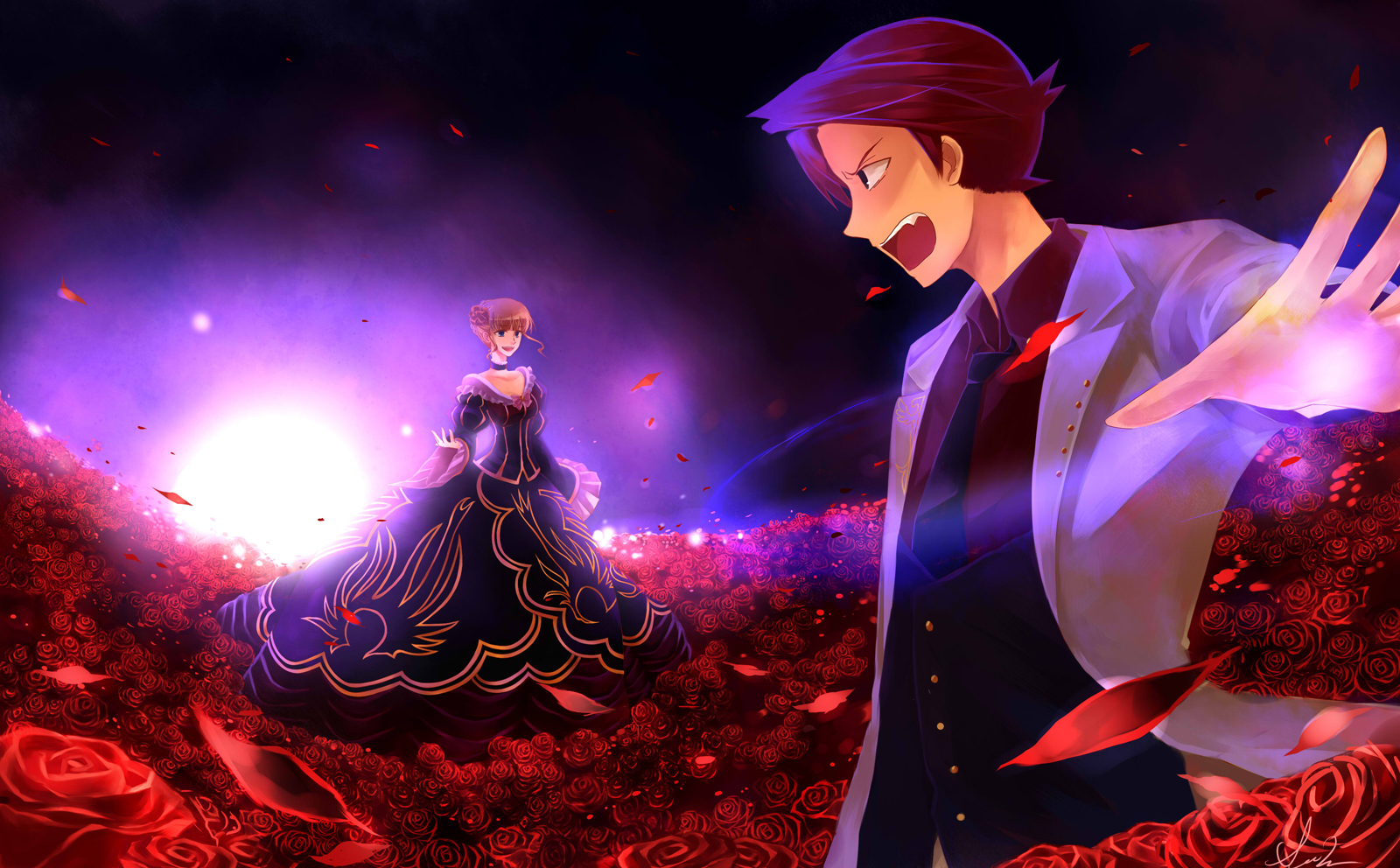 feesh, beatrice (umineko), ushiromiya battler, umineko no naku koro ni, highres, 00s, fang, flower, petals, rose, rose petals
