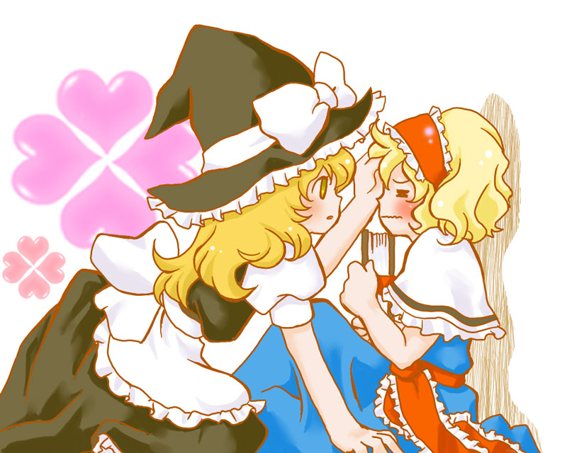 pyocotte, alice margatroid, kirisame marisa, touhou, 2girls, blonde hair, book, female focus, hairband, hat, multiple girls, short hair, witch, witch hat, yellow eyes