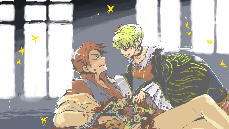 yamato (inraitei), beatrice (umineko), ushiromiya battler, umineko no naku koro ni, 00s, blonde hair, blood, candy, cuffs, femdom, food, red hair, shackles