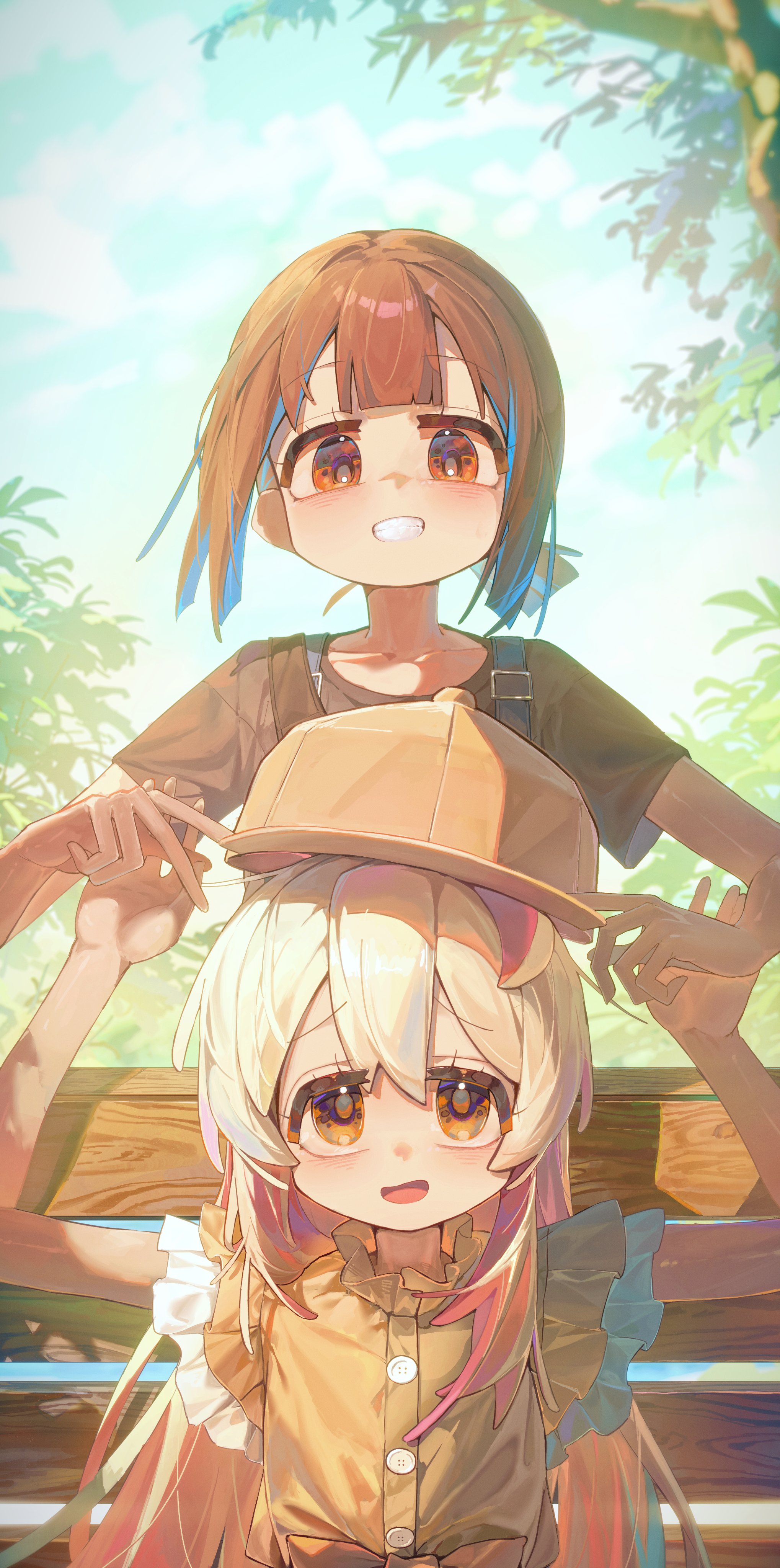 ap04astral, hozuki momiji, oyama mahiro, onii-chan wa oshimai!, absurdres, commentary, highres, 2girls, :d, bare arms, baseball cap, bench, black shirt, blue hair, blue sky, brown eyes, brown hair, buttons, day, frills, grin, hair between eyes, hat, long hair, looking at viewer, multiple girls, on bench, open mouth, outdoors, pink hair, ponytail, shirt, short hair, short ponytail, short sleeves, sitting, sky, smile, t-shirt, tree