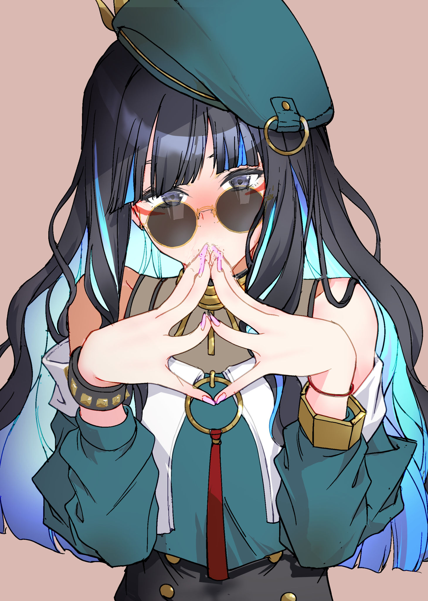 yugensangyo, tenochtitlan (fate), tenochtitlan (second ascension) (fate), fate/grand order, fate (series), highres, 1girl, bare shoulders, beret, black hair, black shorts, blue hair, blush, bracelet, breasts, buttons, colored inner hair, double-breasted, eyeliner, green hat, green jacket, grey eyes, hat, jacket, jewelry, long hair, long sleeves, looking at viewer, makeup, multicolored hair, neck ring, o-ring, off shoulder, round eyewear, shorts, sidelocks, small breasts, solo, sunglasses