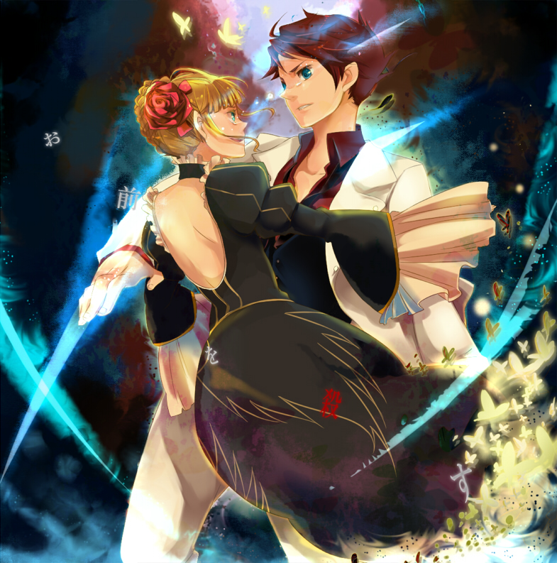 isago (ica), beatrice (umineko), ushiromiya battler, umineko no naku koro ni, bad id, bad pixiv id, 00s, 1boy, 1girl, backless dress, backless outfit, bare back, black dress, blonde hair, blue eyes, braid, bug, butterfly, choker, dress, eye contact, flower, frills, hair bun, hair flower, hair ornament, insect, jacket, looking at another, red flower, red hair, red rose, rose, short hair, single hair bun, tears, wide sleeves