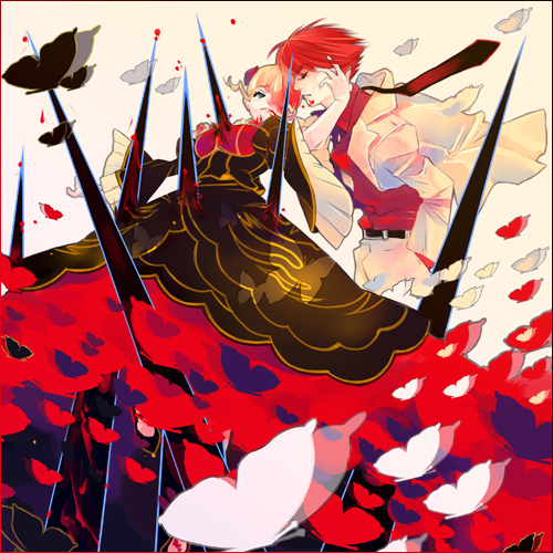 am-gozen, beatrice (umineko), ushiromiya battler, umineko no naku koro ni, bad id, bad pixiv id, lowres, md5 mismatch, 00s, 1boy, 1girl, blood, blood on face, blouse, bug, butterfly, collared shirt, eyelashes, formal clothes, impaled, insect, one eye covered, red background, red shirt, shirt, suit