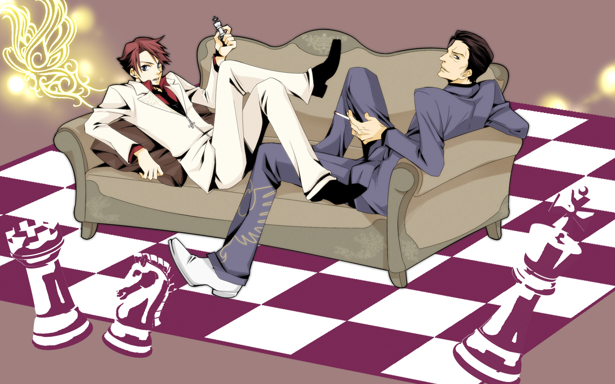 noritama, noritama (ibatan), ushiromiya battler, ushiromiya rudolf, umineko no naku koro ni, bad id, bad pixiv id, 00s, 2boys, board game, chess, cigarette, male focus, multiple boys