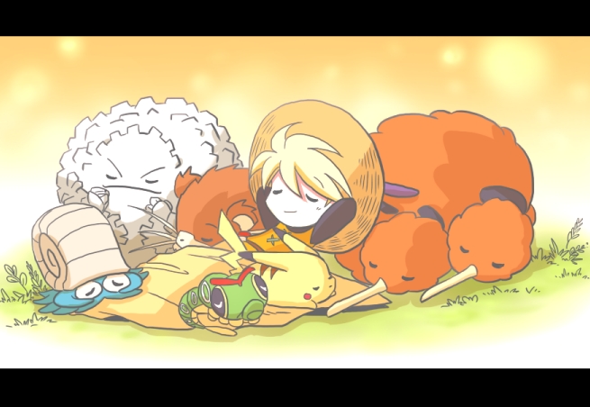 ararararagi, caterpie, doduo, graveler, omanyte, pika (pokemon), pikachu, raticate, yellow (pokemon), nintendo, pokemon, pokemon adventures, pokemon special anime, 1girl, gen 1 pokemon, hat, letterboxed, pokemon (creature), sleeping
