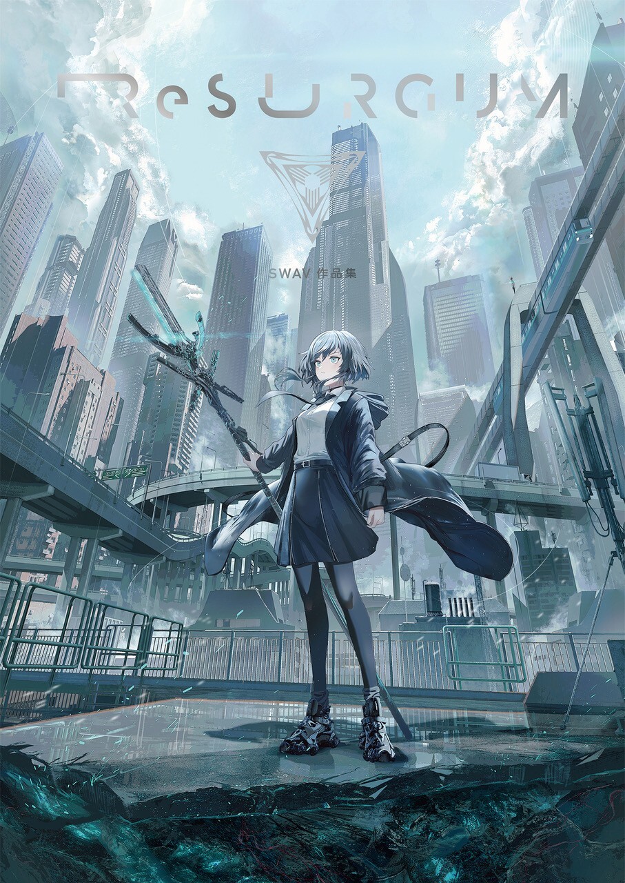 swav, original, commentary request, highres, 1girl, black hair, black necktie, black pantyhose, black shoes, black skirt, blue eyes, blue jacket, blue sky, breasts, bridge, building, closed mouth, cloud, collared shirt, day, dress shirt, holiday holiday (love live!), hood, hood down, hooded jacket, jacket, long hair, monorail, necktie, on roof, open clothes, open jacket, outdoors, pantyhose, railing, road, road sign, rooftop, shirt, shoes, sign, skirt, sky, skyscraper, small breasts, solo, standing, white shirt