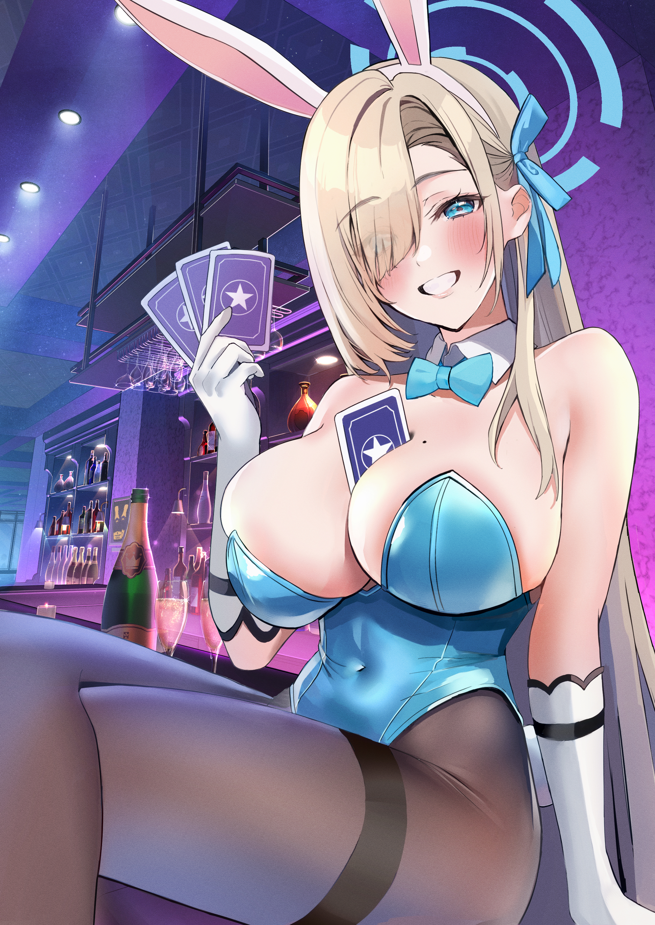 nakano kura, asuna (blue archive), asuna (bunny) (blue archive), blue archive, absurdres, commentary request, highres, 1girl, animal ears, bare shoulders, blonde hair, blue bow, blue bowtie, blue eyes, blue halo, blue leotard, blue ribbon, bow, bowtie, breasts, brown pantyhose, card, cleavage, detached collar, eyes visible through hair, fake animal ears, gloves, hair over one eye, hair ribbon, halo, holding, holding card, large breasts, leotard, long hair, looking at viewer, mole, mole on breast, official alternate costume, pantyhose, playboy bunny, rabbit ears, ribbon, solo, white gloves