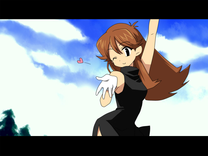 miyu (matsunohara), green (pokemon), nintendo, pokemon, pokemon adventures, pokemon special anime, bad id, bad pixiv id, 1girl, black dress, blowing kiss, brown hair, dress, female focus, gloves, heart, letterboxed, one eye closed, smile, solo, wink