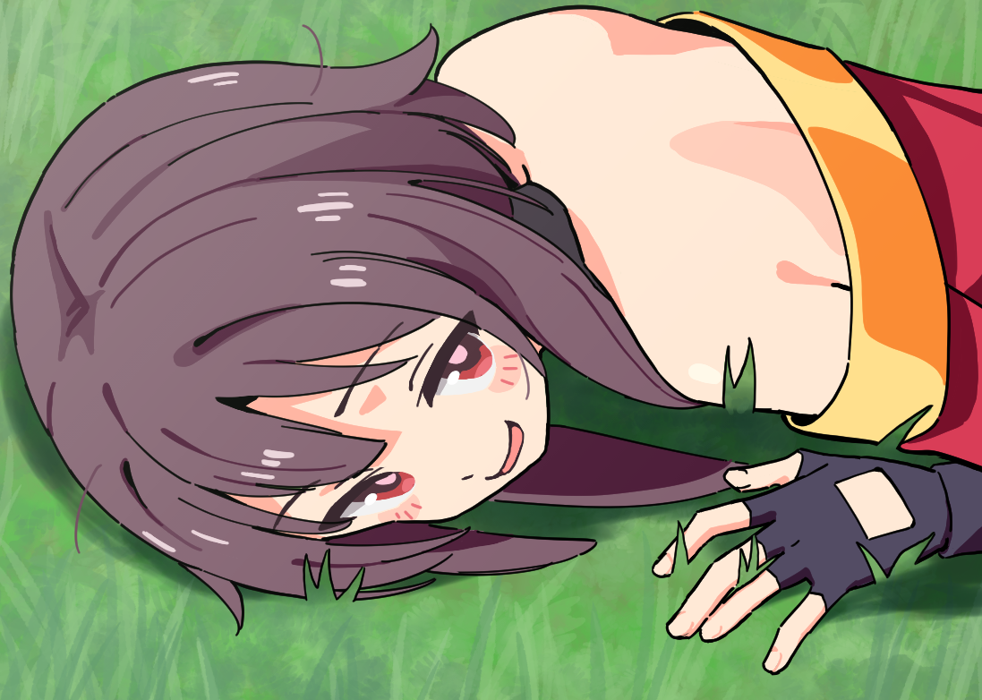 noyama takenoko, amane luna (vtuber), megumin, kono subarashii sekai ni shukufuku wo!, commentary, 1girl, :d, bare shoulders, black gloves, blush stickers, brown hair, dress, fingerless gloves, gloves, grass, lying, off-shoulder dress, off shoulder, on grass, on stomach, open mouth, red dress, red hair, smile, solo, upper body