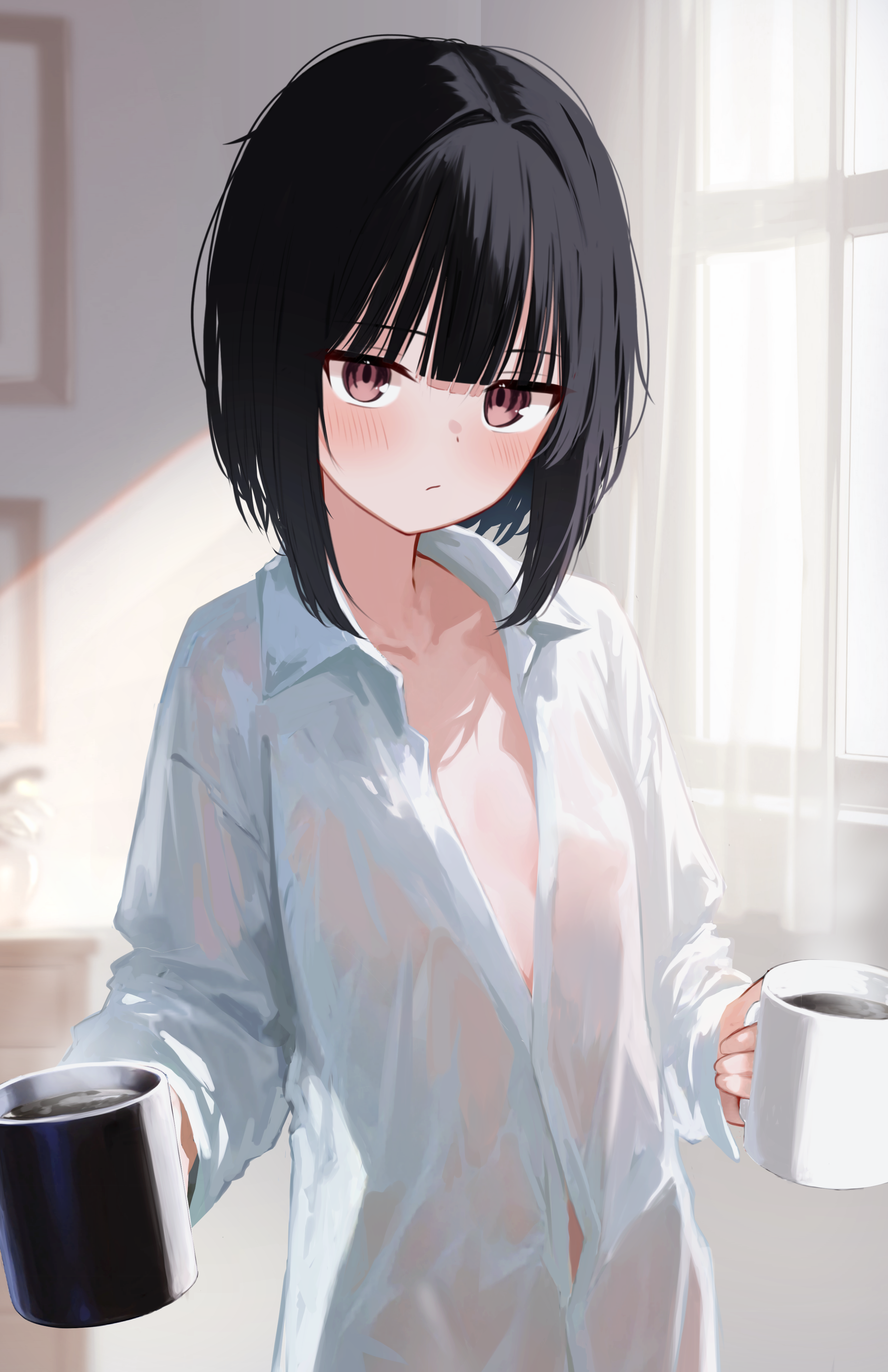 memekko, bob cut girl (memekko), original, absurdres, highres, paid reward available, revision, 1girl, black hair, blurry, blurry background, blush, bob cut, closed mouth, collarbone, cowboy shot, cup, curtains, flat chest, holding, holding cup, indoors, inverted bob, jitome, looking at viewer, mug, portrait (object), see-through clothes, see-through shirt, see-through silhouette, shirt, sidelighting, solo, standing, steam, sunlight, white shirt, window
