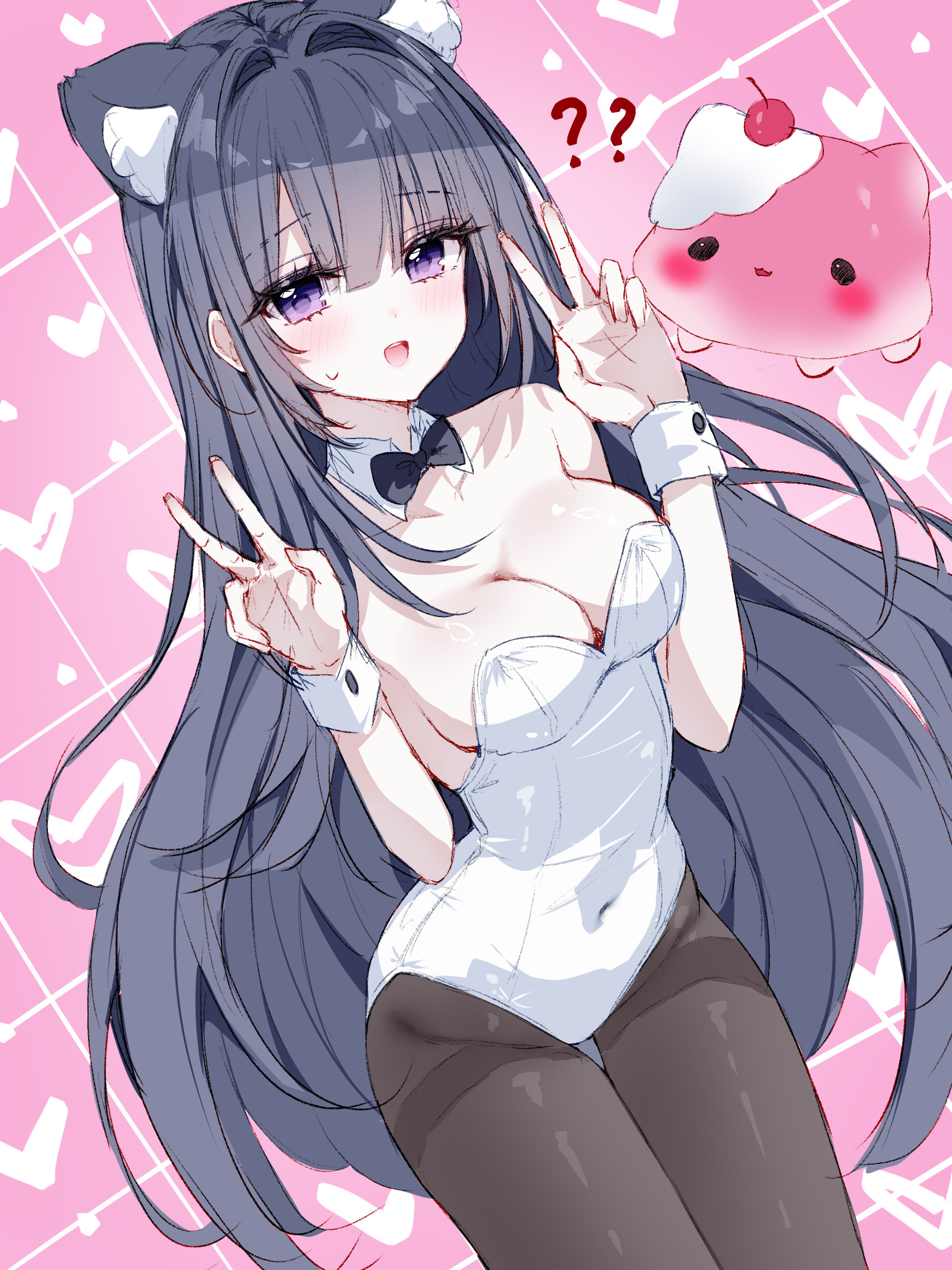 tandohark, original, commentary request, highres, revision, 1girl, :d, ?, ??, animal ear fluff, animal ears, bare shoulders, black bow, black bowtie, black hair, borrowed character, bow, bowtie, breasts, brown pantyhose, cleavage, collar, covered navel, detached collar, double v, hair between eyes, hair intakes, hands up, heart, kittysuit, leaning forward, leotard, long hair, looking at viewer, medium breasts, nontraditional playboy bunny, open mouth, pantyhose, pink background, purple eyes, smile, solo, strapless, strapless leotard, thigh gap, thighband pantyhose, umi (eumi 114), v, very long hair, white collar, white leotard, wing collar, wrist cuffs