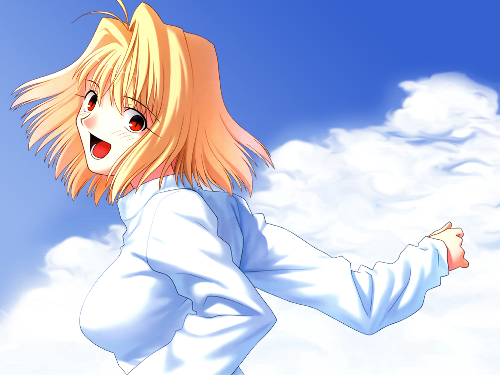takeuchi takashi, arcueid brunestud, tsukihime, type-moon, highres, 00s, 1girl, blonde hair, cloud, day, female focus, hair intakes, long skirt, red eyes, short hair, skirt, sky, smile, solo, sweater, turtleneck