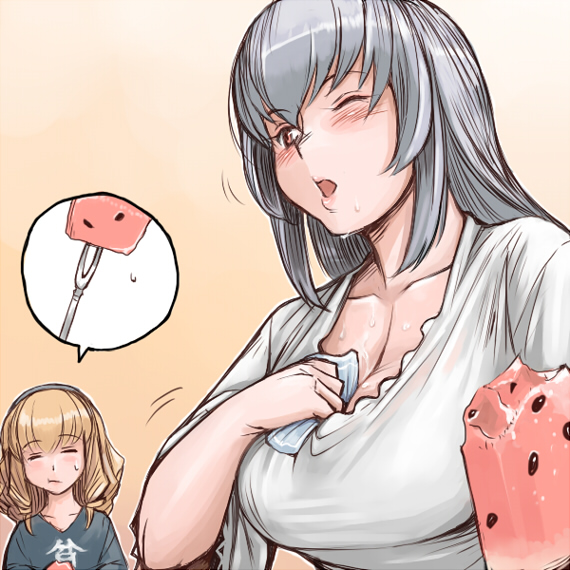 tsuda nanafushi, hinaichigo, suigintou, rozen maiden, silver hair, 00s, 2girls, aged up, blonde hair, breasts, casual, clothes writing, food, fruit, holding, inconvenient breasts, large breasts, melon, multiple girls, one eye closed, spoken food, spoken object, watermelon, wink, wiping