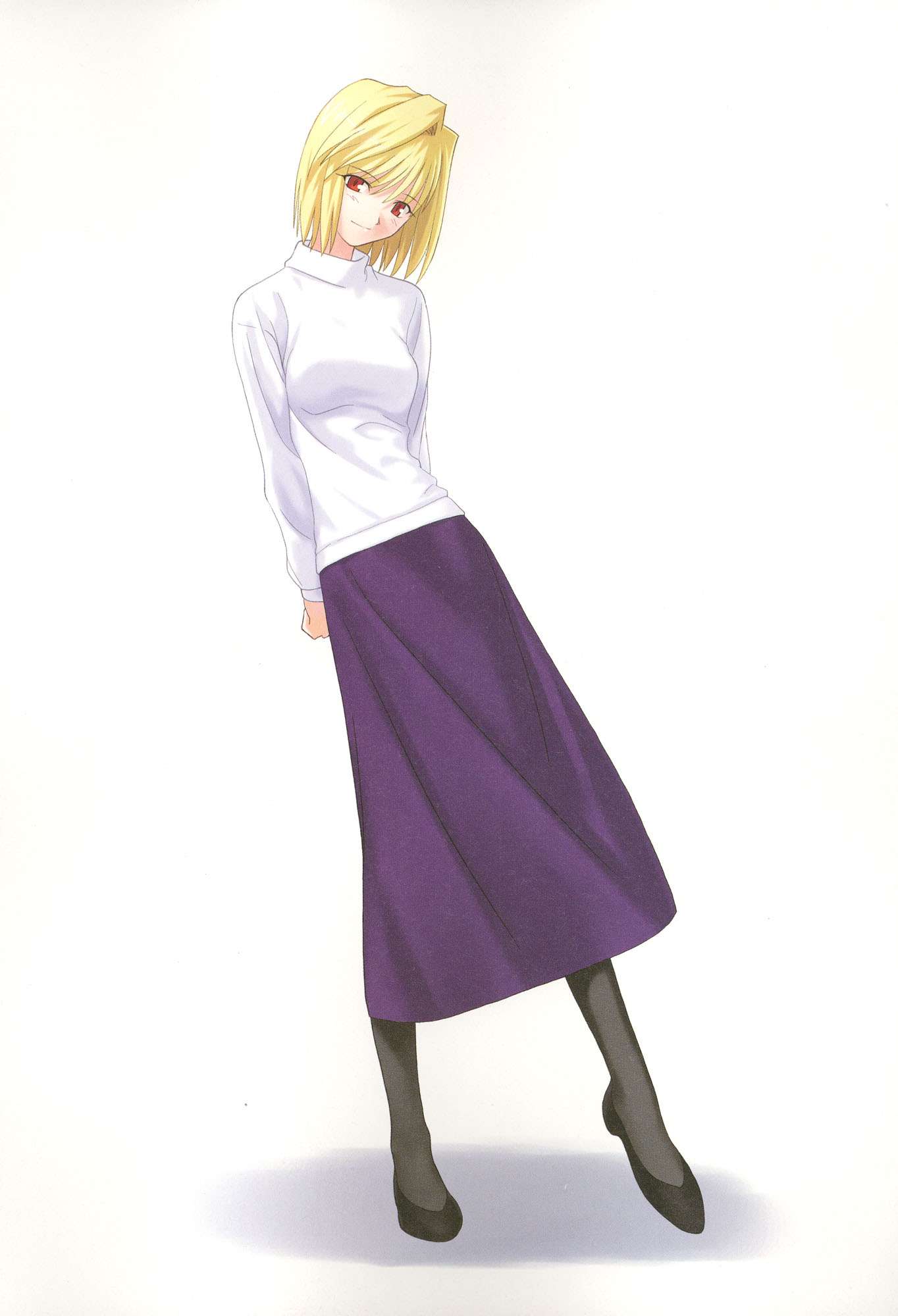 takeuchi takashi, arcueid brunestud, tsukihime, type-moon, highres, scan, 00s, 1girl, black pantyhose, blonde hair, female focus, long skirt, pantyhose, red eyes, short hair, skirt, solo, sweater, turtleneck
