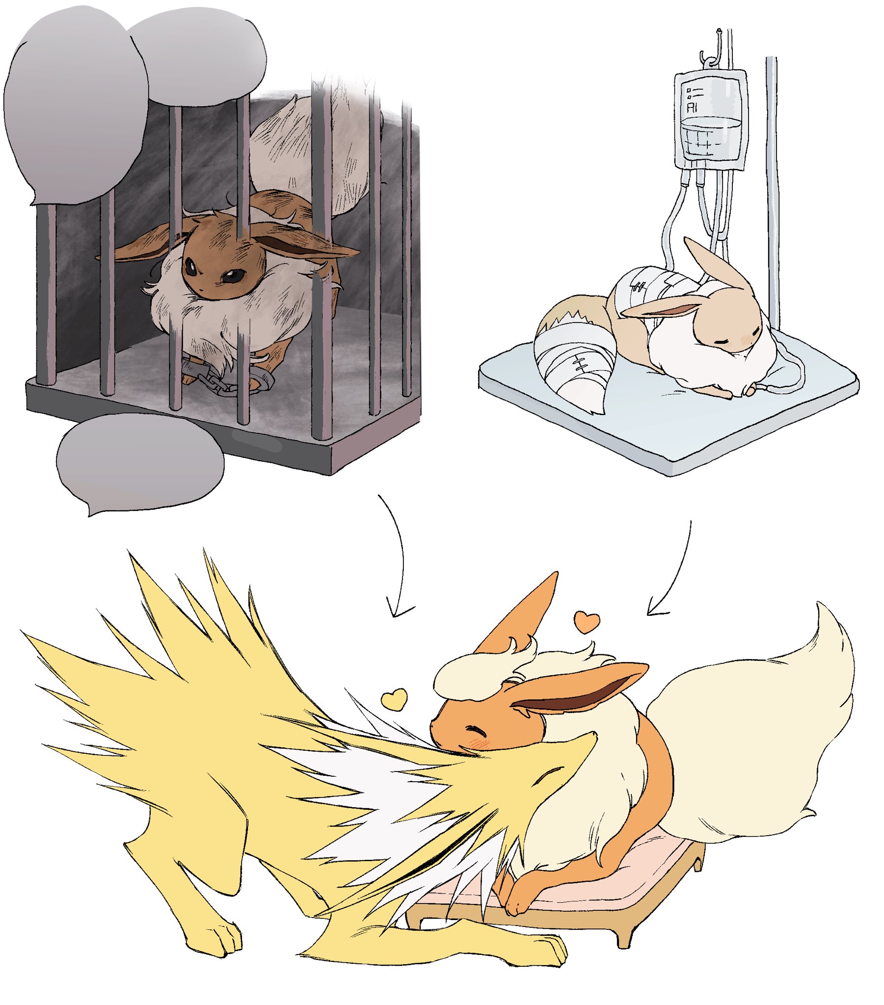 519luck, eevee, flareon, jolteon, nintendo, pokemon, highres, animal focus, arrow (symbol), brown fur, cage, closed eyes, cuddling, cuffs, gen 1 pokemon, handcuffs, heart, injury, intravenous drip, iv stand, lying, on stomach, orange fur, patch, pokemon (creature), pokemon focus, simple background, white background, yellow fur