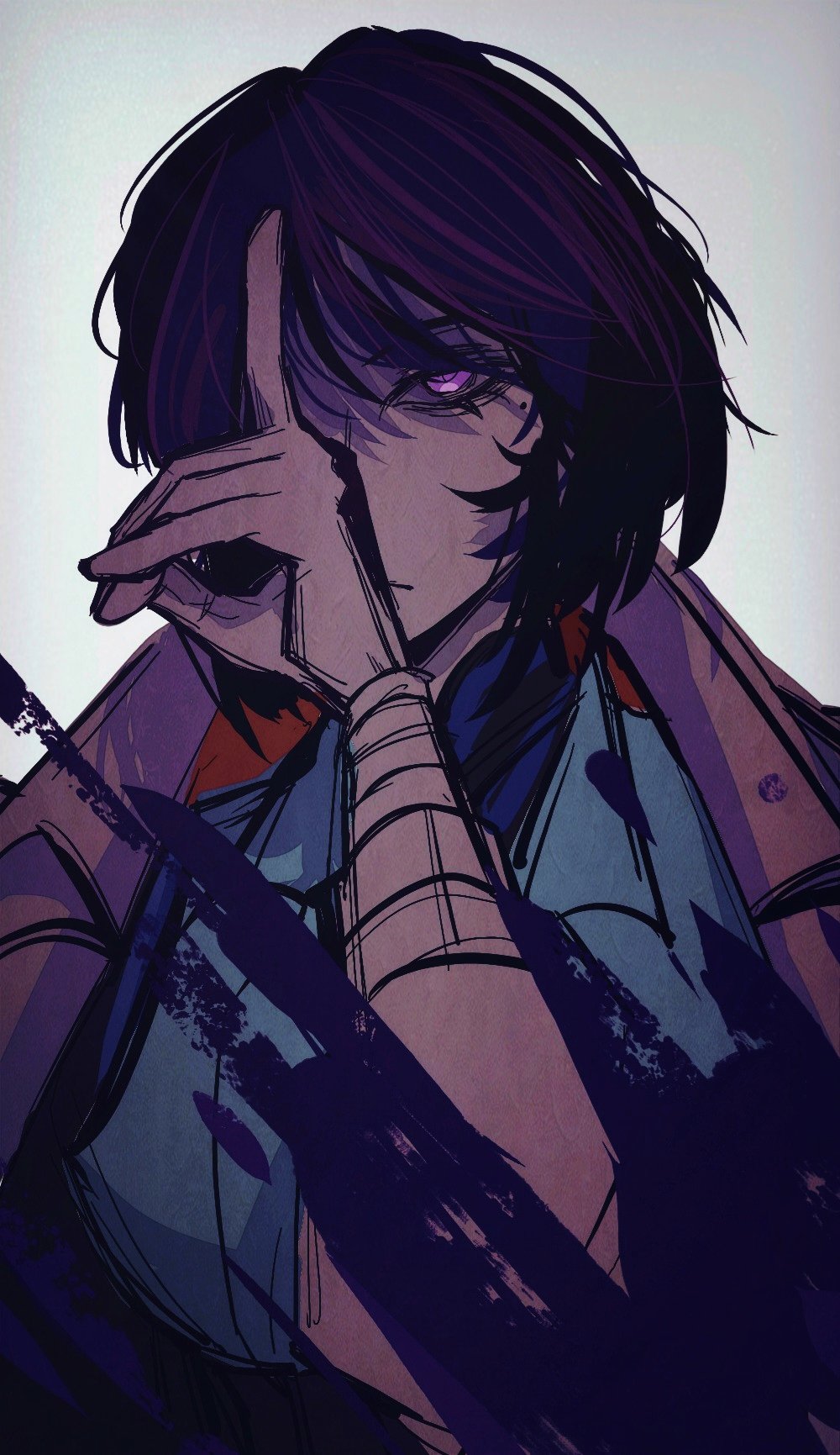 han sooyoung, omniscient reader's viewpoint, character request, check character, highres, 1girl, aegyo sal, bandaged arm, bandages, bob cut, coat, coat on shoulders, covering one eye, hand up, horaceswarcsal, looking at viewer, mole, mole under eye, partially shaded face, purple eyes, solo, upper body, white coat