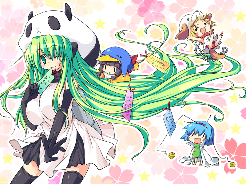 sakurano miya, bad id, bad pixiv id, 4girls, blush, breasts, chibi, elbow gloves, everyone, gloves, green hair, huge breasts, long hair, multiple girls, one eye closed, skirt, tanabata, thighhighs, very long hair, wink, zettai ryouiki