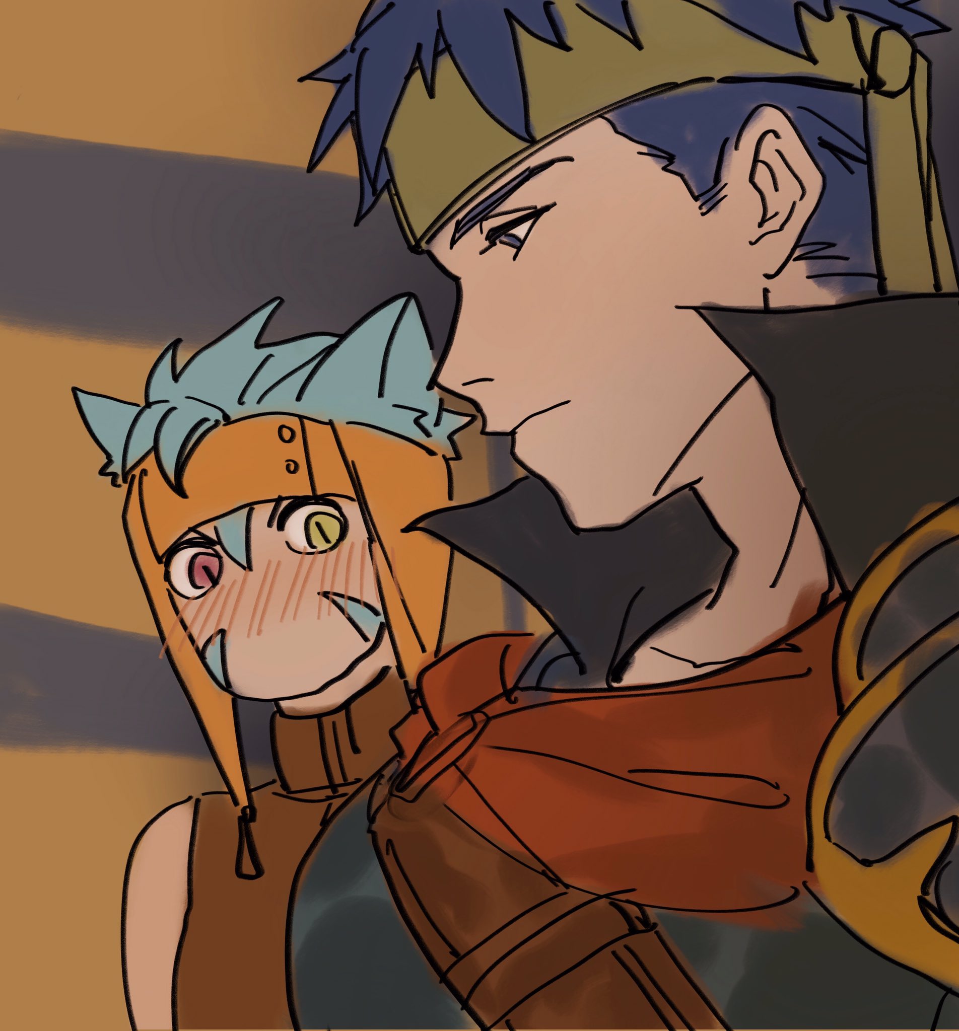 julianlynnnn, ike (fire emblem), ranulf (fire emblem), fire emblem, fire emblem: radiant dawn, nintendo, commentary, highres, 2boys, animal ears, blue eyes, blue hair, blush, cat boy, cat ears, girl staring at guy's chest (meme), green eyes, green headband, headband, heterochromia, looking at pectorals, male focus, meme, multiple boys, no mouth, short hair, slit pupils