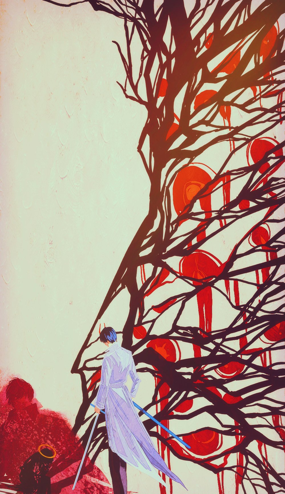 kim dokja, yoo joonghyuk, omniscient reader's viewpoint, highres, 2boys, black hair, bleeding, blood, coat, crack, cracked wall, demon horns, eye print, faceless, feet out of frame, halo, holding, holding sheath, holding sword, holding weapon, horaceswarcsal, horns, kneeling, male focus, multiple boys, open clothes, open coat, popped collar, sheath, short hair, standing, sword, too many eyes, weapon, white coat