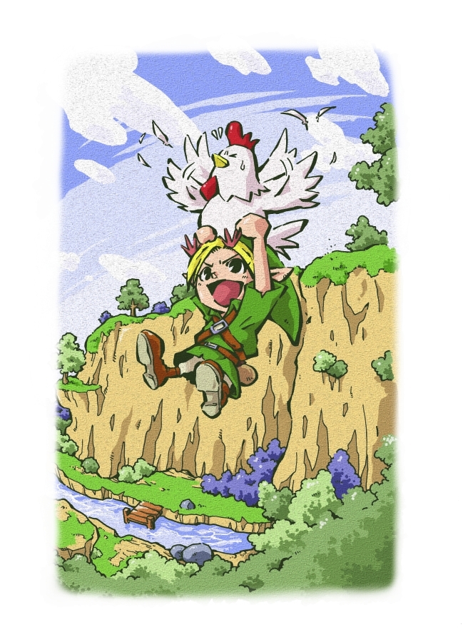 hinomaru (firesoul), cucco, link, nintendo, the legend of zelda, 1boy, bird, blonde hair, chicken, cloud, day, dock, gliding, male focus, open mouth, pointy ears, river, sky, solo