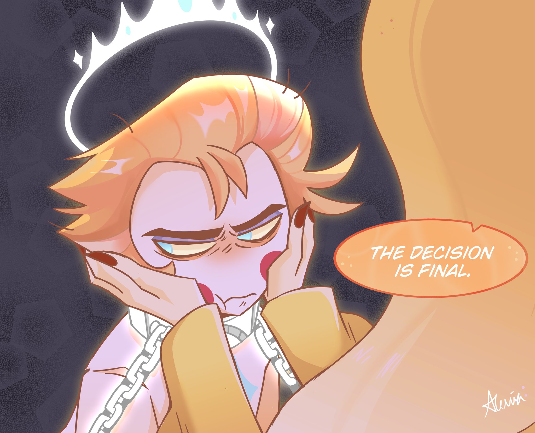 aeria, lucifer morningstar (hazbin hotel), speaker of god (hazbin hotel), hazbin hotel, hellaverse, highres, 1boy, 1girl, blonde hair, blue eyes, blush stickers, chain, collar, colored sclera, colored skin, frown, grey background, halo, long hair, long sleeves, metal collar, nail polish, short hair, white skin, yellow sclera