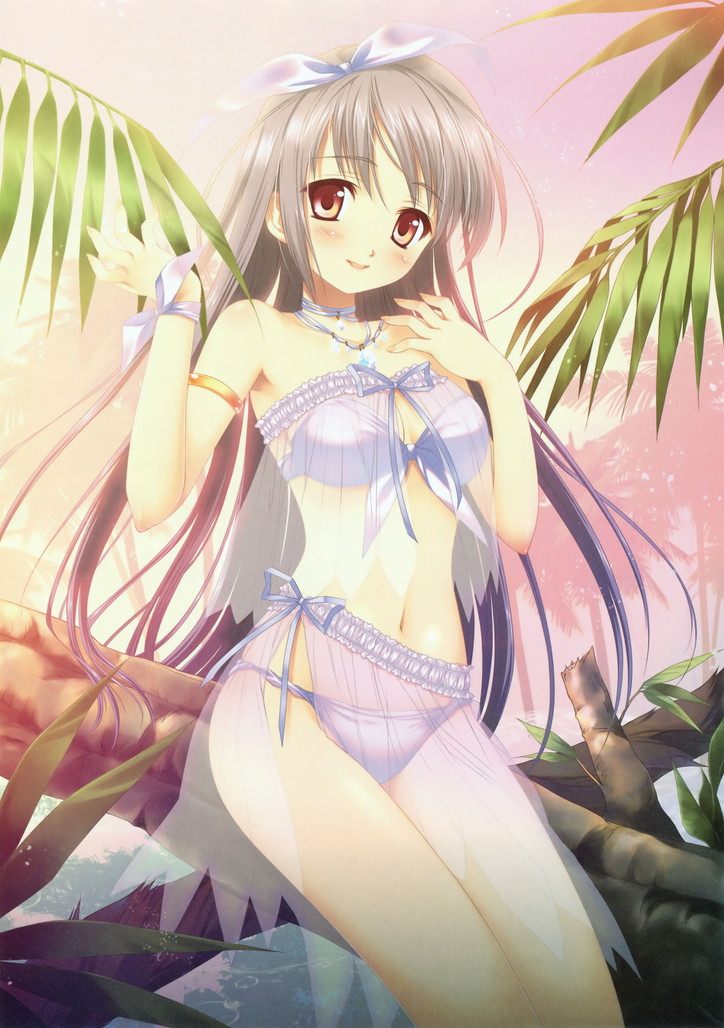 touto seiro, megami magazine, megami magazine deluxe, silver hair, absurdres, highres, scan, 1girl, bandeau, bikini, blush, bow, breasts, cleavage, female focus, front-tie top, hair bow, long hair, navel, palm tree, red eyes, see-through clothes, solo, swimsuit, tree