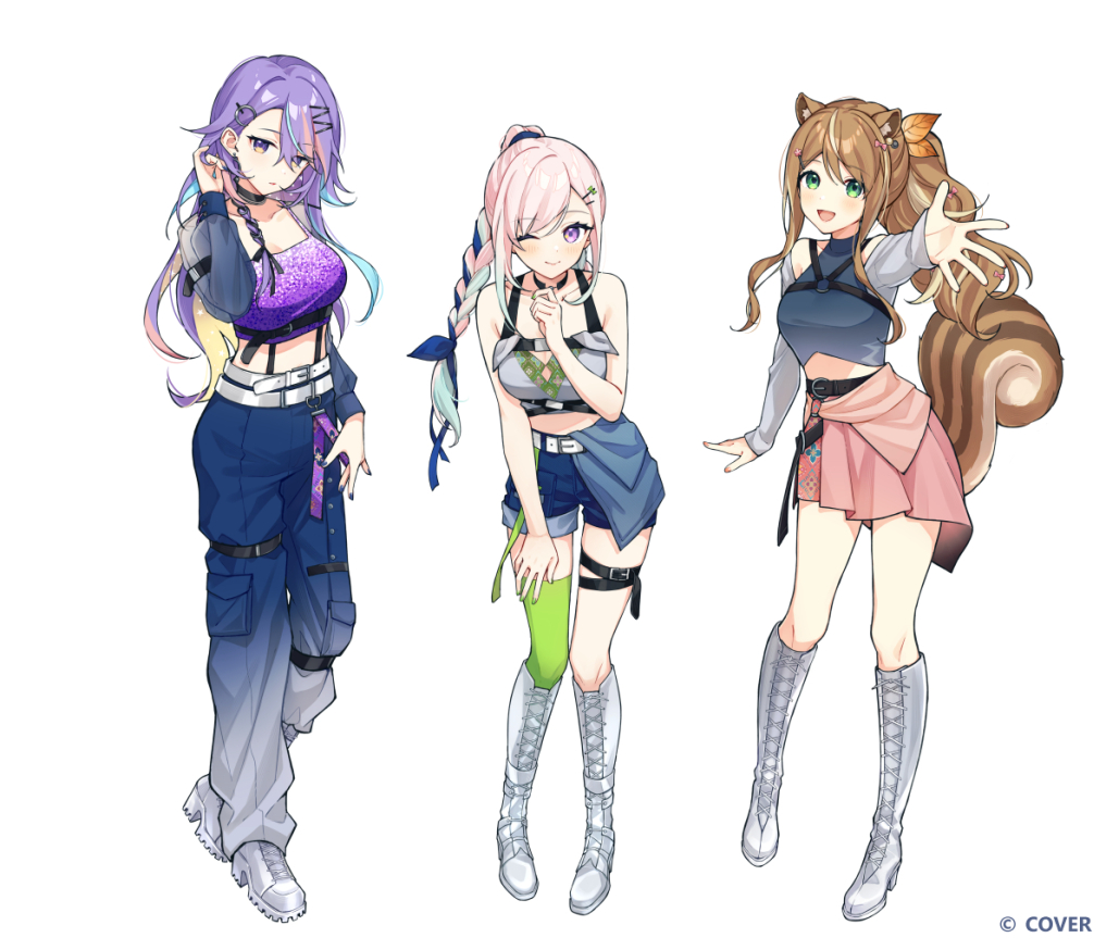 puunyannyan, airani iofifteen, ayunda risu, moona hoshinova, area 15, hololive, hololive indonesia, commentary, english commentary, official art, 3girls, ;), animal ear fluff, animal ears, arm up, bare arms, belt, black belt, black choker, blonde hair, blue hair, blue pants, blue ribbon, blue shirt, blue shorts, boots, braid, braided ponytail, breasts, brown hair, cargo pants, chest belt, chest harness, choker, colored inner hair, company name, copyright notice, crescent, cropped shirt, full body, gradient eyes, gradient hair, green hair, green thighhighs, grey shirt, hair between eyes, hair flaps, hair ornament, hair ribbon, hairclip, half-skirt, halter shirt, halterneck, hand on own hip, hand on own thigh, harness, high heel boots, high heels, high ponytail, knee boots, lace-up boots, large breasts, lineup, long hair, long hair between eyes, long sidelocks, long sleeves, looking at viewer, medium breasts, midriff, miniskirt, multicolored eyes, multicolored hair, multiple belts, multiple girls, nail polish, o-ring, o-ring harness, off-shoulder shirt, off shoulder, official alternate costume, official alternate hairstyle, one eye closed, open mouth, overskirt, pants, pants tucked in, parted lips, pink hair, pink skirt, platform boots, pleated skirt, ponytail, purple eyes, purple hair, purple shirt, ribbon, see-through clothes, see-through sleeves, shirt, short shorts, shorts, side braid, sidelocks, simple background, single thighhigh, skirt, sleeveless, sleeveless shirt, sleeves past wrists, smile, squirrel ears, squirrel girl, squirrel tail, standing, starry hair, streaked hair, swept bangs, tail, thigh strap, thighhighs, two-tone hair, underbust, virtual youtuber, white background, white belt, white boots, white hair, white sleeves, yellow eyes