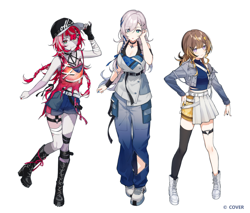 puunyannyan, anya melfissa, kureiji ollie, pavolia reine, hololive, hololive indonesia, holoro, commentary, english commentary, official art, 3girls, arm strap, arm up, baseball cap, belt, black gloves, black hat, black thighhighs, blonde hair, blue eyes, blue hair, blue jacket, blue nails, blue pants, blue shirt, blue shorts, blue tube top, blunt ends, boots, bow, braid, braided bangs, braided sidelock, breasts, brown hair, buttons, cargo pants, center-flap bangs, character name, chest harness, cleavage, clenched hand, closed mouth, clothing cutout, colored skin, company name, copyright notice, cropped jacket, cropped shirt, denim, denim jacket, diamond-shaped pupils, diamond (shape), fingerless gloves, full body, gloves, gradient eyes, gradient hair, green eyes, grey hair, grey jacket, grey skin, grin, hair bow, hair ornament, hair over one eye, hair ribbon, hairclip, half-skirt, hand on own hip, hand up, harness, hat, headset, heterochromia, jacket, knee boots, lace-up boots, large breasts, leg cutout, lineup, long hair, long sidelocks, looking at viewer, midriff, midriff peek, miniskirt, mismatched pupils, multicolored eyes, multicolored hair, multicolored skin, multiple girls, nail polish, navel, o-ring, o-ring thigh strap, official alternate costume, official alternate hairstyle, overskirt, pants, parted lips, patchwork skin, pencil skirt, pink hair, platform boots, pleated skirt, purple eyes, purple skin, red eyes, red hair, red nails, red tank top, ribbon, shirt, shoes, short shorts, shorts, side braids, sidelocks, simple background, single glove, single off shoulder, single thighhigh, skirt, sleeveless, sleeveless jacket, smile, sneakers, standing, stitched arm, stitched face, stitched leg, stitched torso, stitches, straight-on, strap slip, strapless, streaked hair, swept bangs, symbol-shaped pupils, tank top, teeth, thigh strap, thighhighs, torn clothes, torn tank top, tube top, v, virtual youtuber, white background, white belt, white boots, white eyes, white shoes, white skirt, x-shaped pupils, x hair ornament, yellow skirt, zombie
