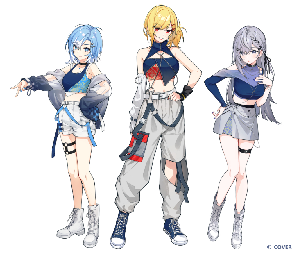 puunyannyan, kaela kovalskia, kobo kanaeru, vestia zeta, holoh3roes, hololive, hololive indonesia, commentary, english commentary, official art, 3girls, :d, ahoge, arms up, asymmetrical bangs, belt, black collar, blonde hair, blue eyes, blue hair, blue shirt, blue shoes, blue sleeves, blue tank top, boots, braid, braided bangs, breasts, cargo pants, cleavage cutout, closed mouth, clothing cutout, collar, colored tips, company name, copyright notice, crop top, cropped shirt, detached sleeves, full body, grey hair, grey shrug, grey skirt, hair ornament, hairclip, halter shirt, halterneck, high tops, jacket, jewelry, lace-up boots, layered skirt, leg cutout, lineup, long hair, looking at viewer, medium breasts, medium hair, midriff, miniskirt, multicolored hair, multiple girls, nail polish, navel, necklace, o-ring, o-ring thigh strap, official alternate costume, official alternate hairstyle, one side up, open mouth, pants, red eyes, red nails, shirt, shoes, short hair, shorts, shoulder cutout, shrug (clothing), simple background, single detached sleeve, single wrist cuff, skirt, sleeveless, sleeveless shirt, sleeves past fingers, sleeves past wrists, smile, sneakers, standing, swept bangs, tank top, teeth, thigh strap, turtleneck, two-tone hair, v, virtual youtuber, white belt, white boots, white hair, white pants, white shorts, white tank top, wrist cuffs