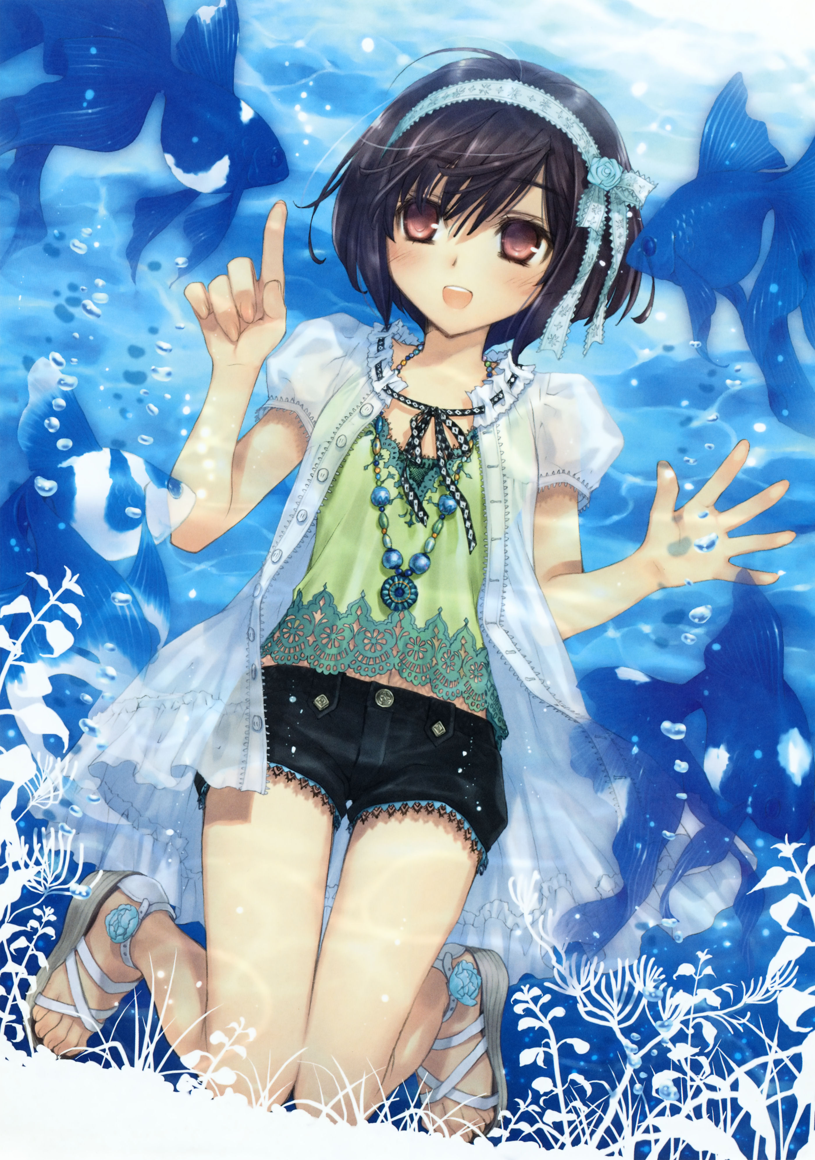 kawaku, megami magazine, megami magazine deluxe, original, absurdres, highres, scan, 1girl, against glass, ahoge, black hair, blouse, blue theme, blush, bubble, dutch angle, feet, female focus, fish, fish tank, flower, hairband, headband, kneeling, lace, medal, medallion, midriff, navel, pink eyes, pointing, red eyes, sandals, seaweed, see-through clothes, shirt, short hair, shorts, smile, solo, thigh gap, thighs, toes, underwater, water