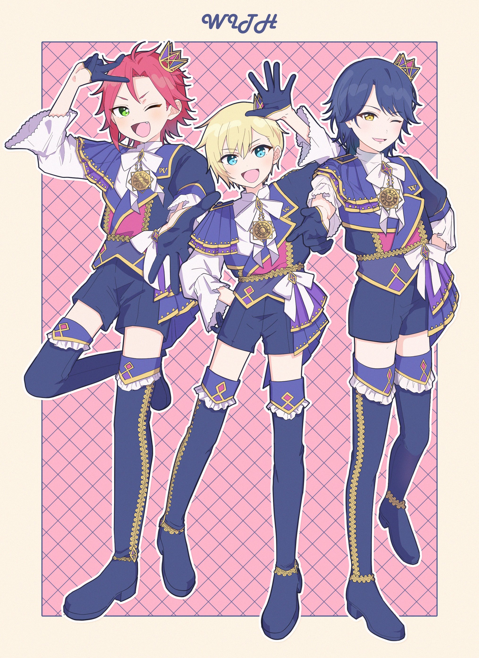 yumekawa shogo, idol time pripara, pretty series, pripara, absurdres, commentary request, highres, 3boys, :d, ;d, black gloves, blonde hair, blue boots, blue eyes, blue hair, blue jacket, blue shorts, boots, border, epaulettes, fang, full body, gloves, green eyes, half gloves, hand up, idol clothes, jacket, long sleeves, looking at viewer, male focus, mitaka asahi, multiple boys, neck ribbon, one eye closed, open mouth, outline, red hair, ribbon, shiso (asixfy), short hair, shorts, smile, standing, takase koyoi, thigh boots, v, white outline, white ribbon