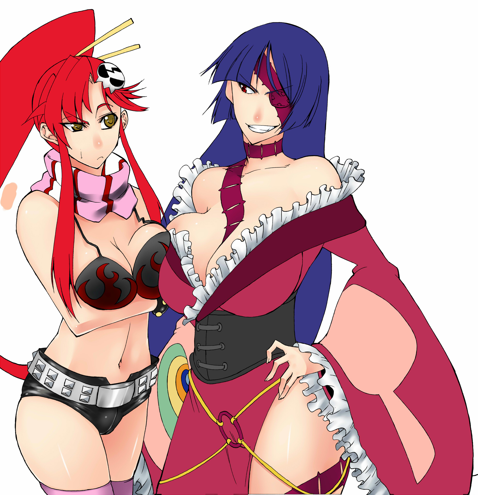 caw=zoo, adiane, yoko littner, tengen toppa gurren lagann, highres, 00s, 2girls, bike shorts, blue hair, breast envy, breast press, breasts, cleavage, corset, eyepatch, frills, frown, huge breasts, japanese clothes, kimono, long hair, multiple girls, ponytail, red eyes, red hair, scarf, short shorts, shorts, smile, symmetrical docking, tattoo, teeth, thighhighs, yellow eyes