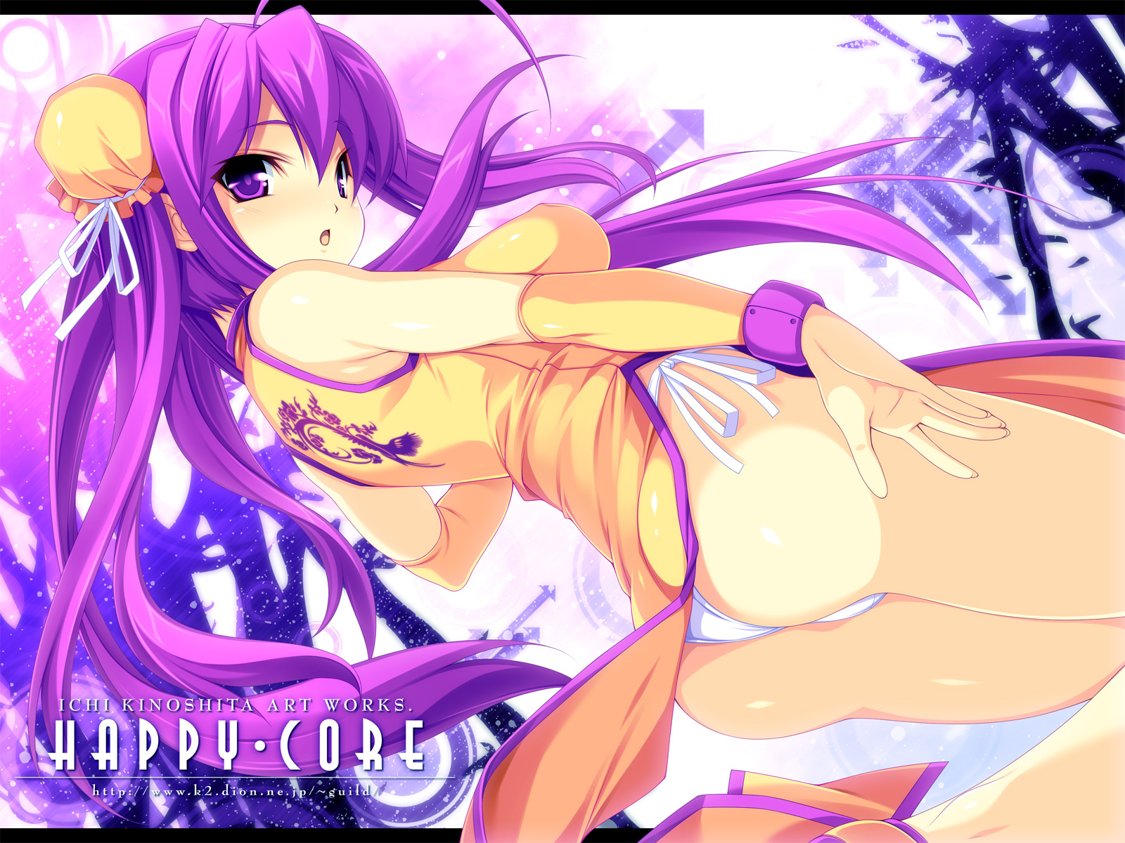 kinoshita ichi, original, highres, 1girl, arrow (symbol), ass, back, bare shoulders, blush, breasts, bun cover, china dress, chinese clothes, covered erect nipples, detached sleeves, double bun, dress, dutch angle, female focus, fingernails, hair bun, legs, long fingernails, long hair, looking at viewer, looking back, open mouth, panties, purple eyes, purple hair, shiny skin, side-tie panties, solo, thighs, twintails, underwear, white panties