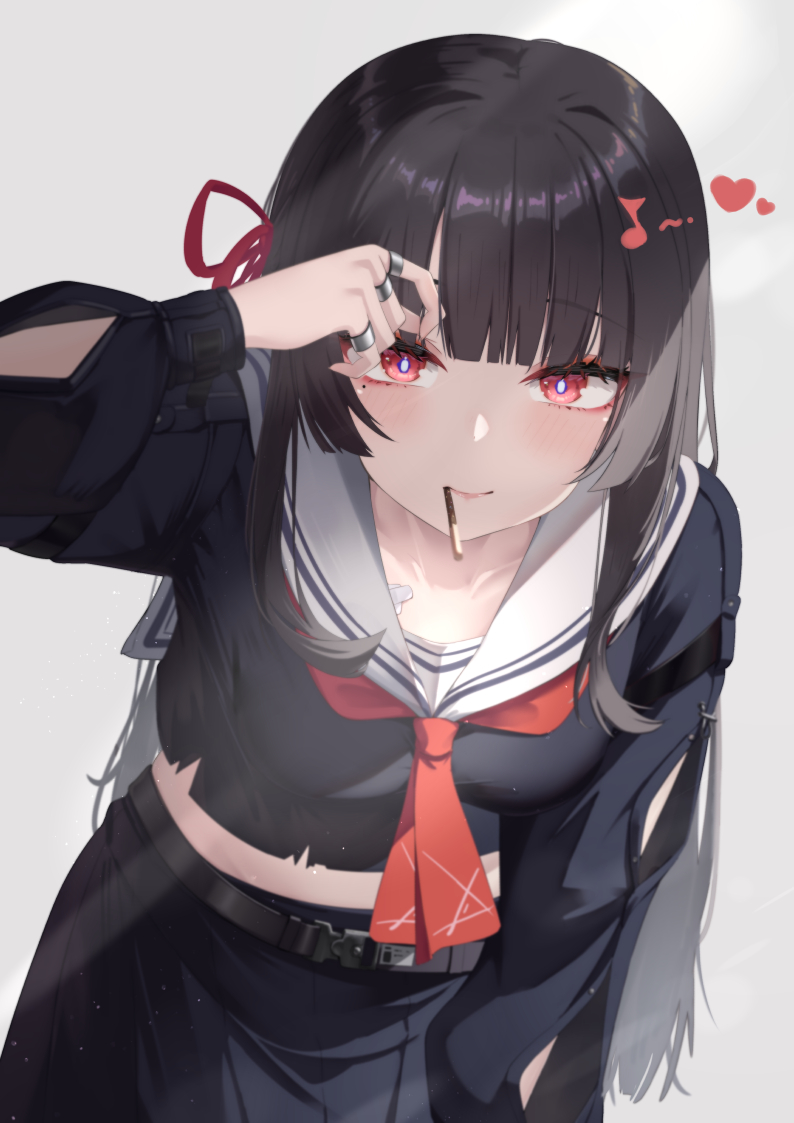 harurunoe, chisa (wuthering waves), wuthering waves, commentary request, partial commentary, 1girl, arm cutout, black hair, black serafuku, black shirt, black skirt, breasts, clothing cutout, collarbone, cowboy shot, crop top, food, food in mouth, hair ribbon, hand up, heart, leaning forward, long hair, looking at viewer, medium breasts, mole, mole under eye, neckerchief, pocky, pocky in mouth, red eyes, red neckerchief, red ribbon, ribbon, sailor collar, school uniform, serafuku, shirt, skirt, solo, white sailor collar