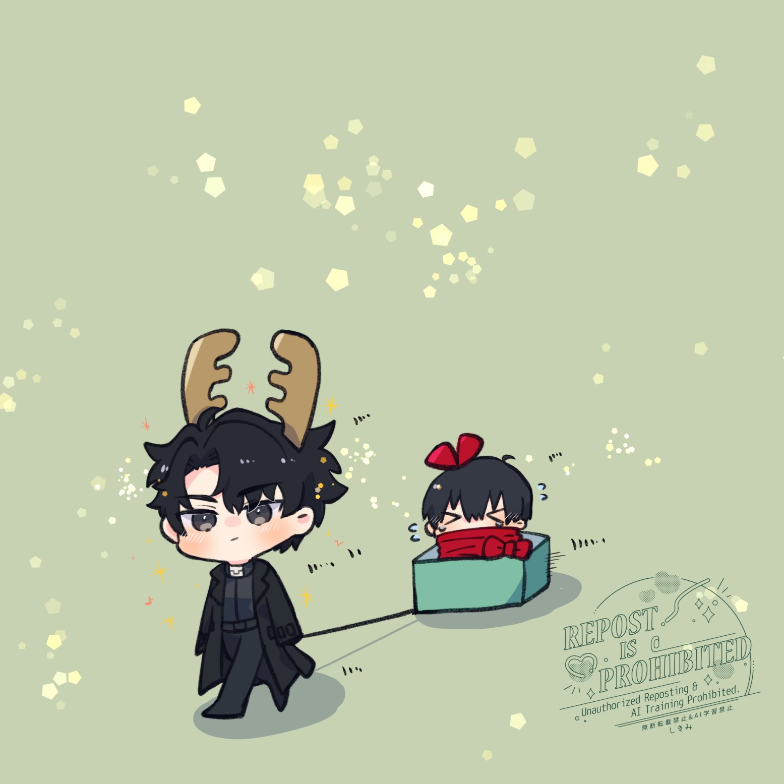 kim dokja, yoo joonghyuk, omniscient reader's viewpoint, highres, > <, 2boys, ahoge, black coat, black eyes, black hair, black shirt, bound, bow, box, chibi, chibi only, coat, double-parted bangs, dragging, fake antlers, full body, hair between eyes, hair bow, kimidori 22, male focus, multiple boys, open clothes, open coat, pentagon (shape), shirt, short hair, tied up (nonsexual), walking, white coat