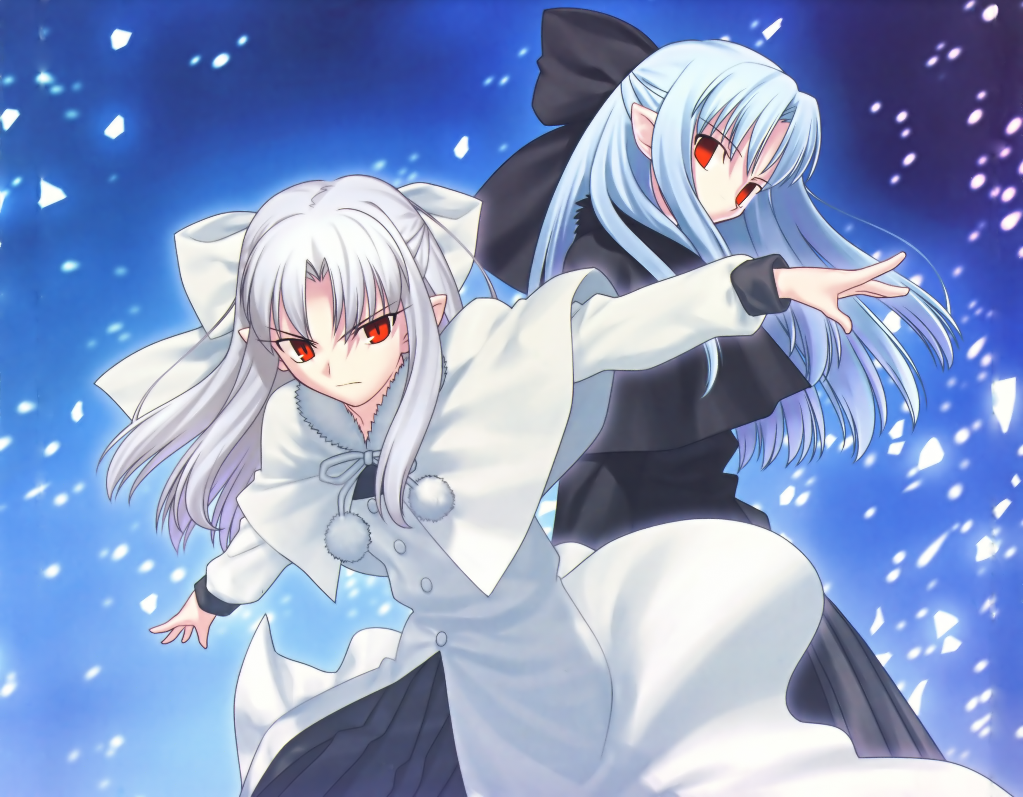 takeuchi takashi, len (tsukihime), white len (tsukihime), melty blood, tsukihime, type-moon, eyebrows, absurdres, highres, 00s, 2girls, black bow, black cloak, black dress, blue background, blue hair, bow, buttons, cloak, dress, hair bow, half up, half updo, long hair, long sleeves, multiple girls, neck ribbon, pleated skirt, pointy ears, red eyes, ribbon, simple background, skirt, snow, standing, white bow, white cloak, white dress, white hair, white ribbon