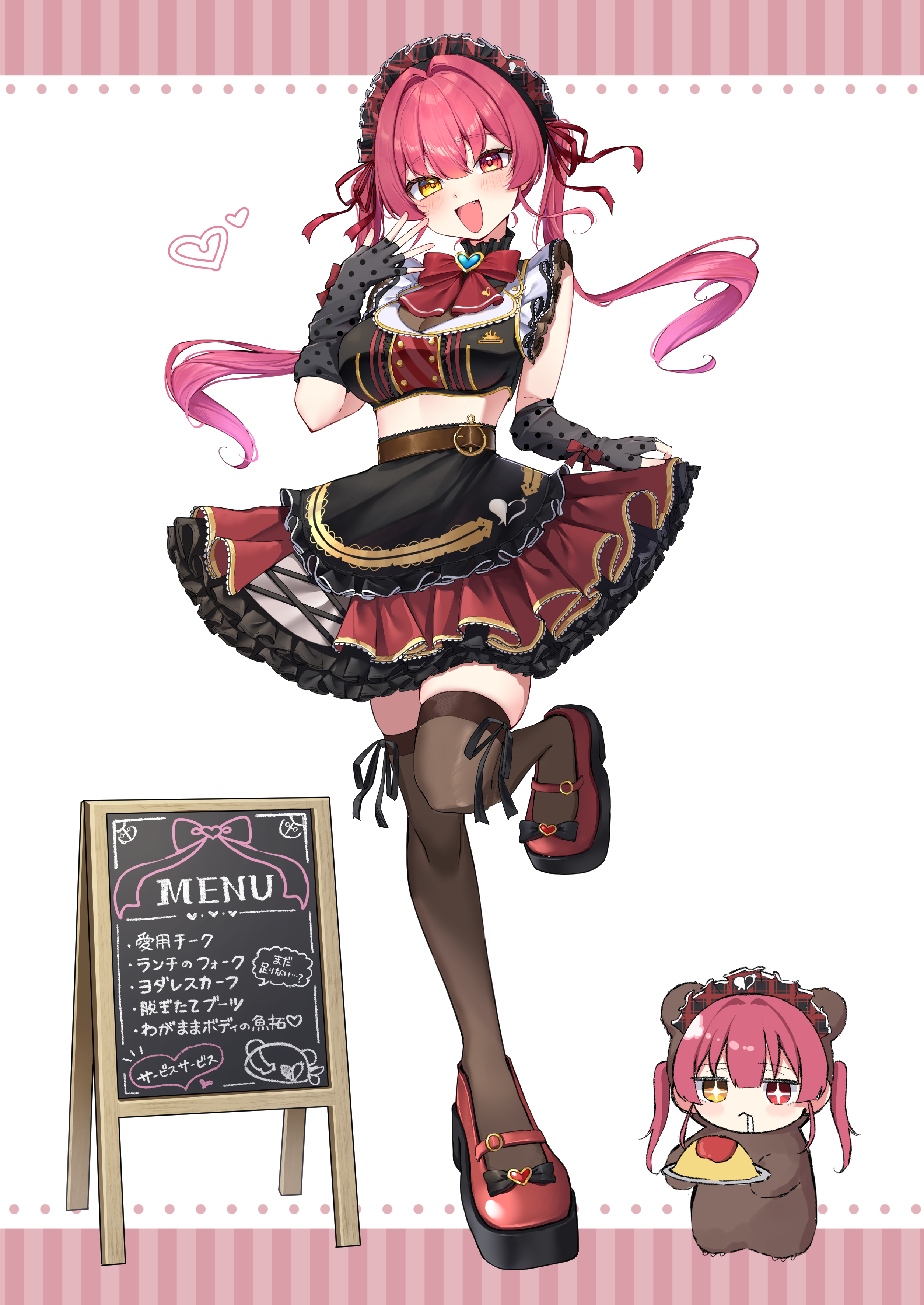 scarf (50464982), houshou kumarine, houshou marine, hololive, absurdres, commentary request, highres, 1girl, :d, alternate costume, apron, black apron, black gloves, black jacket, bow, bowtie, breasts, brooch, buttons, cropped jacket, double-breasted, fingerless gloves, frilled apron, frilled skirt, frills, full body, gloves, hair ribbon, hand up, heart, heterochromia, jacket, jewelry, large breasts, layered skirt, long hair, looking at viewer, maid headdress, mary janes, midriff, miniskirt, open mouth, pink shoes, platform shoes, polka dot gloves, red bow, red bowtie, red eyes, red hair, red ribbon, red skirt, ribbon, shoes, skirt, skirt hold, sleeveless, sleeveless jacket, smile, solo, standing, standing on one leg, thighhighs, twintails, virtual youtuber, waist apron, yellow eyes