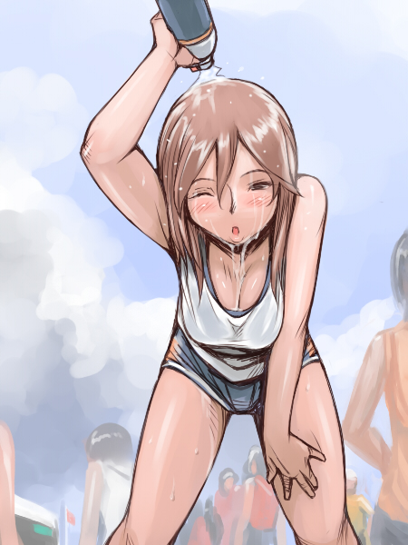 tsuda nanafushi, souseiseki, rozen maiden, 00s, 1girl, aged up, bent over, breasts, brown eyes, brown hair, casual, cleavage, female focus, large breasts, one eye closed, short hair, shorts, solo, water, wet, wet clothes, wet hair, wink