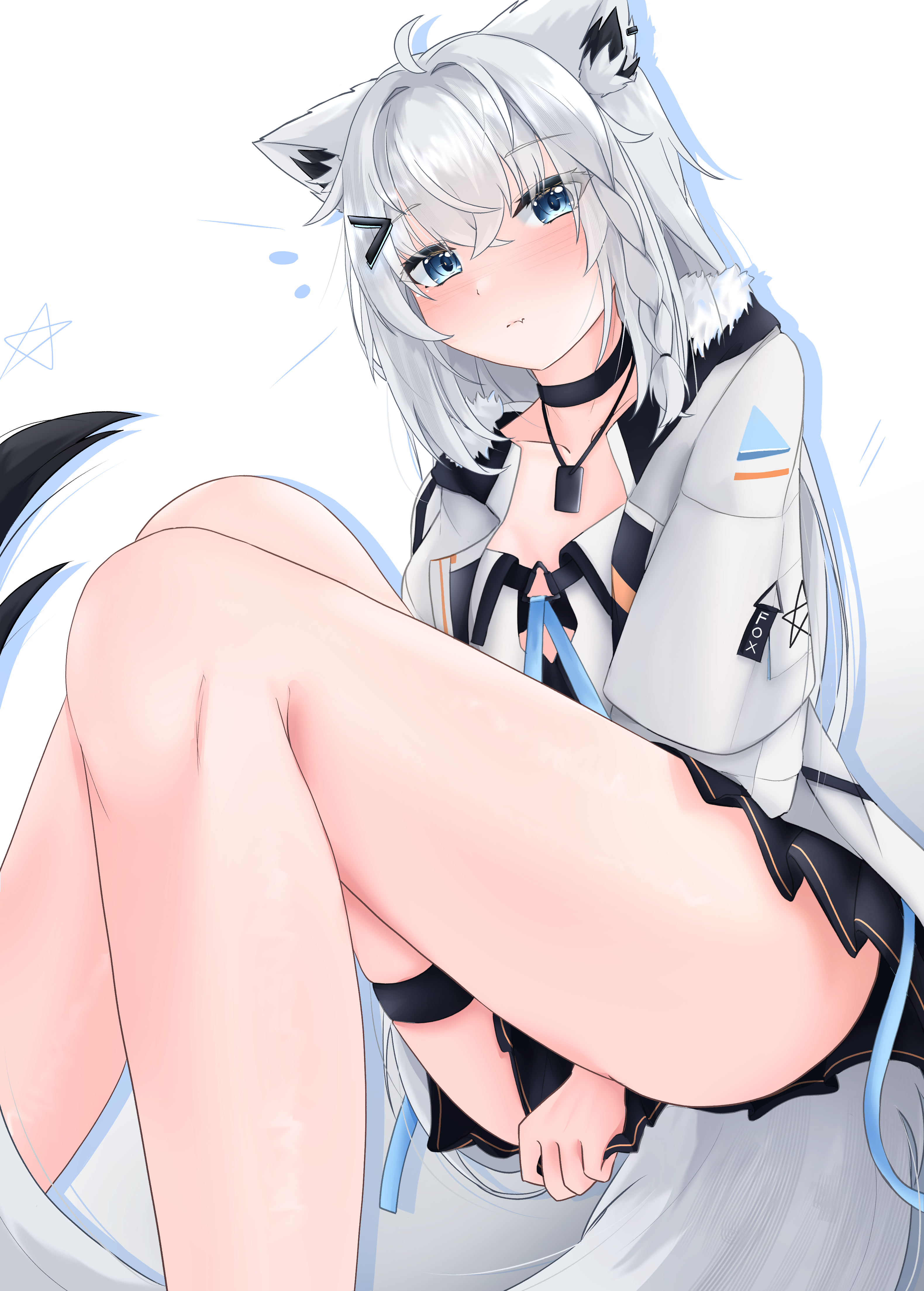 st-147, shirakami fubuki, hololive, absurdres, highres, 1girl, ahoge, animal ear fluff, animal ear piercing, animal ears, aqua eyes, between legs, black choker, black skirt, blush, braid, choker, closed mouth, collarbone, feet out of frame, fox ears, fox girl, fox tail, fur-trimmed jacket, fur trim, gold trim, hair between eyes, hand between legs, jacket, long sleeves, looking at viewer, pentagram, pleated skirt, side braid, simple background, skirt, solo, tail, thigh strap, thighs, white background, white hair, white jacket