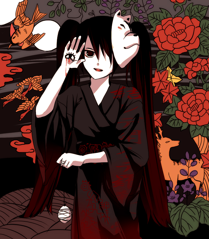 kuriko (scarlet sky), hatsune miku, musunde hiraite rasetsu to mukuro (vocaloid), vocaloid, 1girl, bird, black eyes, black hair, deer, female focus, flat color, flower, fox mask, full moon, hand eye, japanese clothes, kimono, long hair, mask, moon, night, solo, twintails, yukata