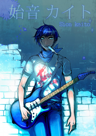 cyan, cyan (nerve), kaito (vocaloid), vocaloid, bad id, bad pixiv id, 1boy, bandana, blue eyes, blue hair, casual, food, guitar, instrument, male focus, matching hair/eyes, popsicle, short hair, solo, strat (guitar)