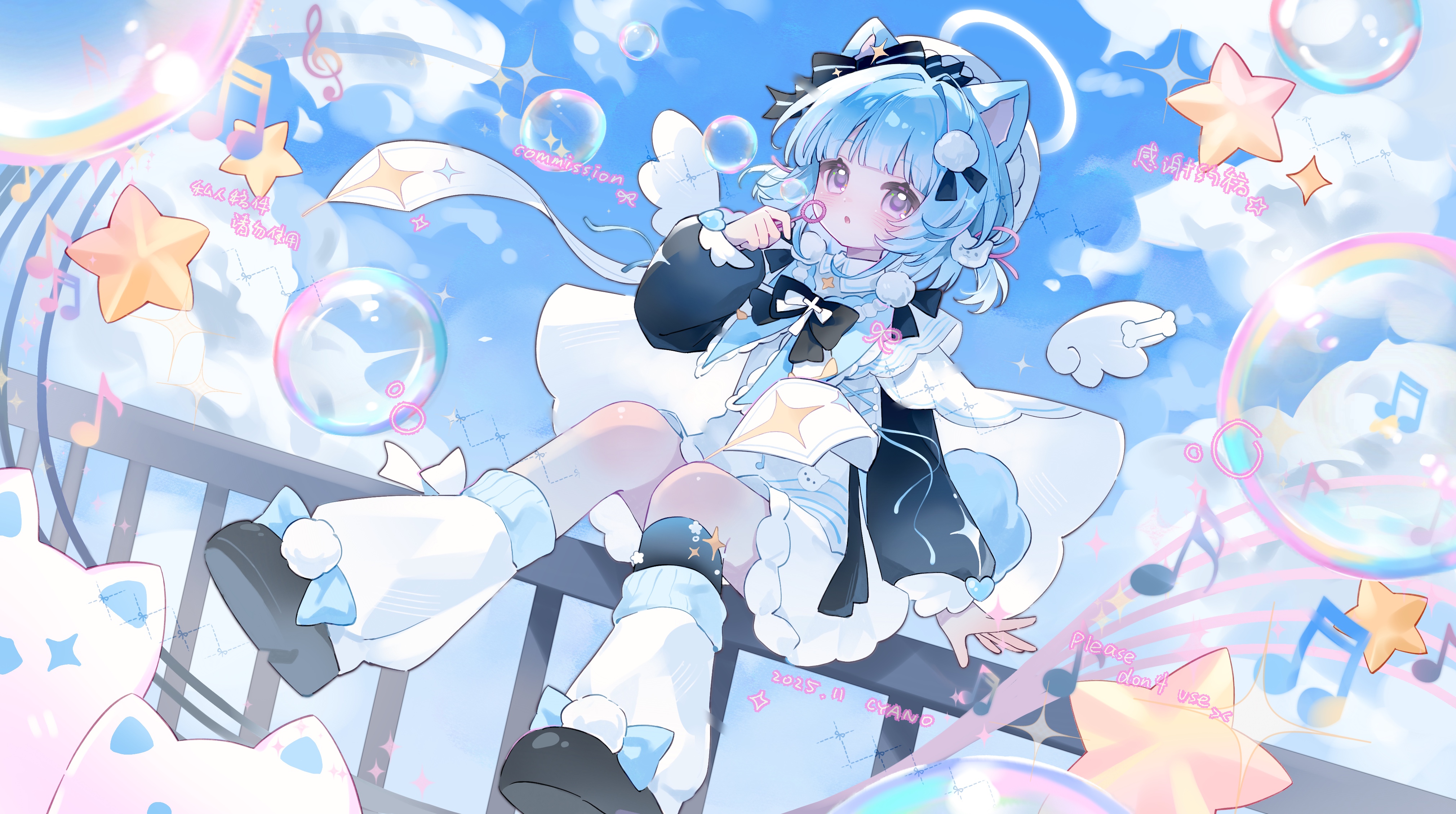 cyano, original, absurdres, highres, 1girl, :o, animal ear fluff, animal ears, black bow, black bowtie, black shoes, blowing bubbles, blue hair, blush, bow, bowtie, cat ears, cat girl, cloud, day, dress, full body, grey eyes, hat, long sleeves, musical note, open mouth, outdoors, shoes, short hair, sitting, socks, solo, sparkle, star (symbol), white dress, white hat, white socks