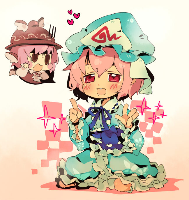 keien, methyl key, mystia lorelei, saigyouji yuyuko, touhou, bad id, bad pixiv id, 2girls, chibi, dress, female focus, hat, heart, multiple girls, pink hair, saliva