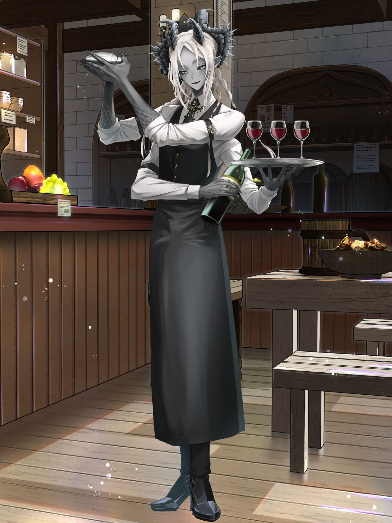 azumasouya, dairoku ryouhei, highres, 1boy, apron, black apron, black horns, black necktie, black sclera, black vest, bottle, braid, cocktail shaker, colored sclera, colored skin, cup, drinking glass, extra arms, fran leonis, full body, grey skin, holding, holding bottle, horns, indoors, long hair, long sleeves, looking at viewer, male focus, necktie, quad tails, scales, shirt, shoes, slit pupils, solo, standing, tray, vest, waiter, white hair, white shirt, wine bottle, wine glass