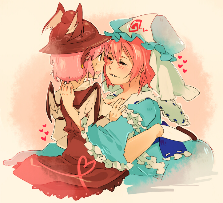 ch3, keien, methyl key, mystia lorelei, saigyouji yuyuko, touhou, bad id, bad pixiv id, 2girls, blush, breasts, earrings, female focus, grabbing another's breast, groping, hat, heart, jewelry, multiple girls, pink hair, wings, you gonna get raped