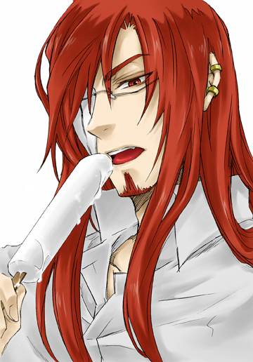 cross marian, d.gray-man, 00s, 1boy, beard, facial hair, food, glasses, long hair, male focus, popsicle, red eyes, red hair, sexually suggestive, simple background, solo, upper body, white background