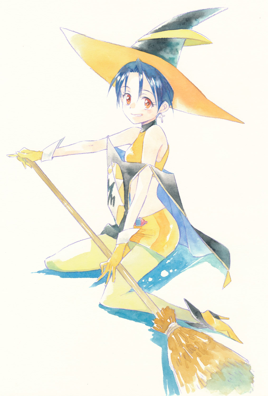 agahari, nakatomi nanaka, mahou tsukai tai!, highres, 1girl, black hat, blue hair, broom, crop top, cross, cross earrings, earrings, full body, gloves, grin, hat, high heels, holding, holding broom, jewelry, looking at viewer, midriff, pantyhose, red eyes, shadow, shirt, shoes, short hair, sitting, skirt, sleeveless, sleeveless shirt, smile, solo, two-tone hat, white background, witch hat, yellow gloves, yellow hat, yellow pantyhose, yellow shirt, yellow shoes, yellow skirt