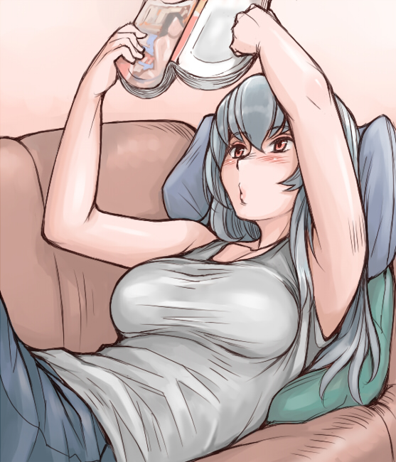 tsuda nanafushi, suigintou, rozen maiden, silver hair, 00s, aged up, blush, breasts, casual, large breasts, long hair, magazine (object), pillow, reading, shirt, sleeveless, sleeveless shirt, solo